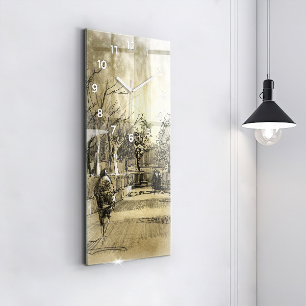 Modern vertical wall clock Park and trees in sepia