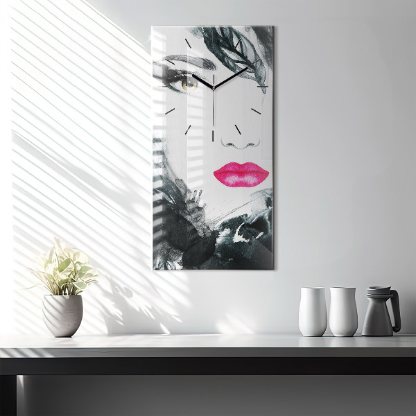 Modern vertical wall clock Portrait of a woman red lips