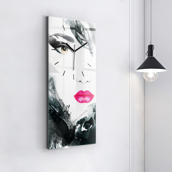 Modern vertical wall clock Portrait of a woman red lips