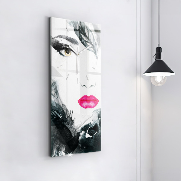 Modern vertical wall clock Portrait of a woman red lips