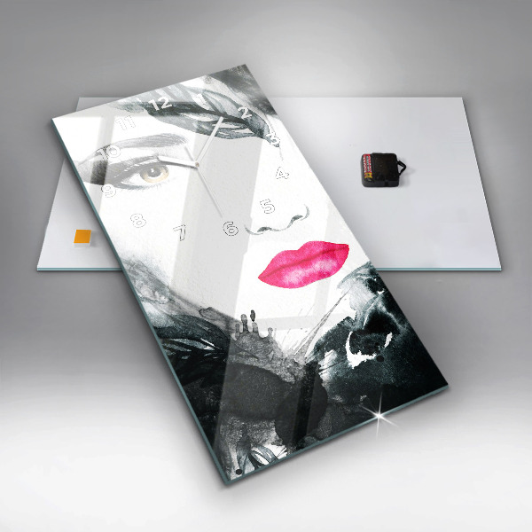 Modern vertical wall clock Portrait of a woman red lips