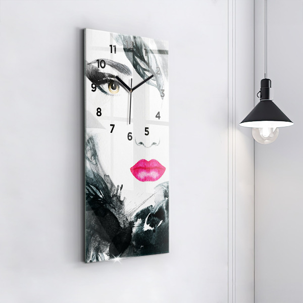 Modern vertical wall clock Portrait of a woman red lips