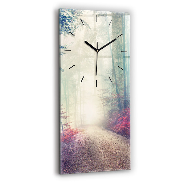 Modern vertical wall clock Autumn road Forest Fog
