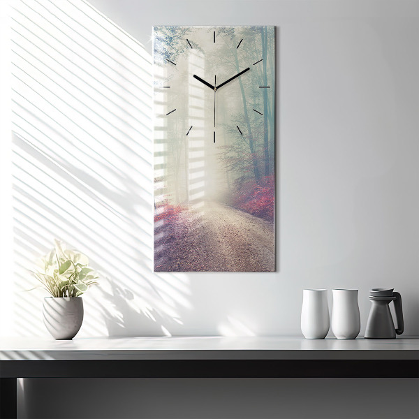 Modern vertical wall clock Autumn road Forest Fog