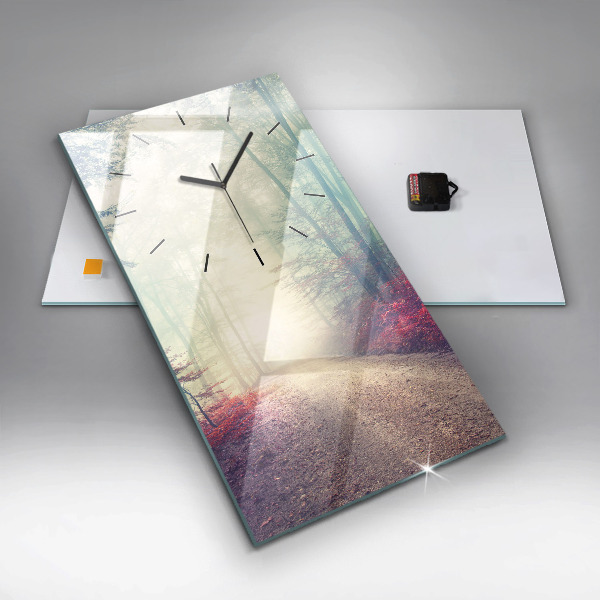 Modern vertical wall clock Autumn road Forest Fog