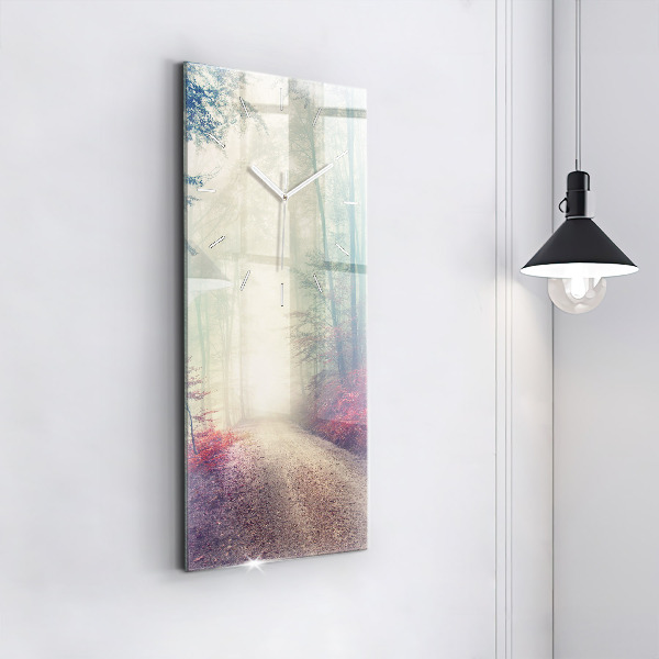 Modern vertical wall clock Autumn road Forest Fog