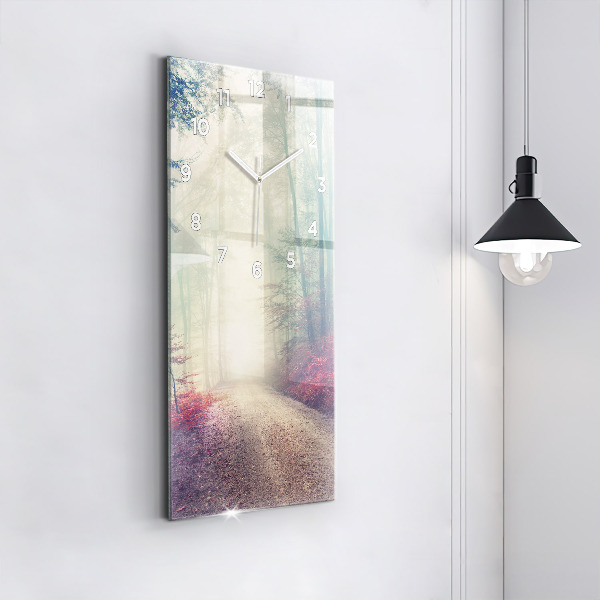 Modern vertical wall clock Autumn road Forest Fog