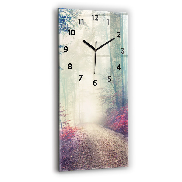 Modern vertical wall clock Autumn road Forest Fog