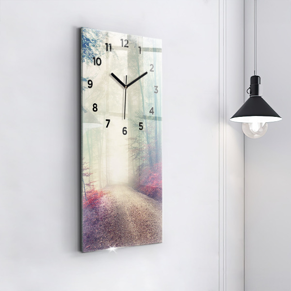 Modern vertical wall clock Autumn road Forest Fog