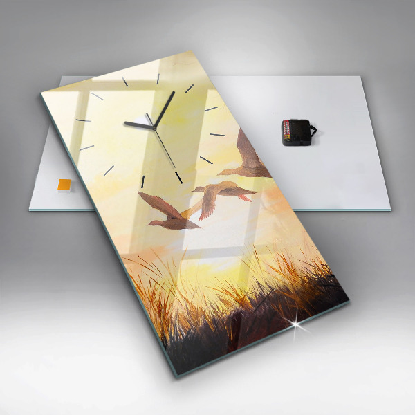 Modern vertical wall clock Cranes at sunset