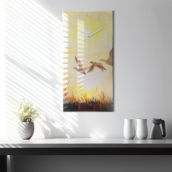 Modern vertical wall clock Cranes at sunset