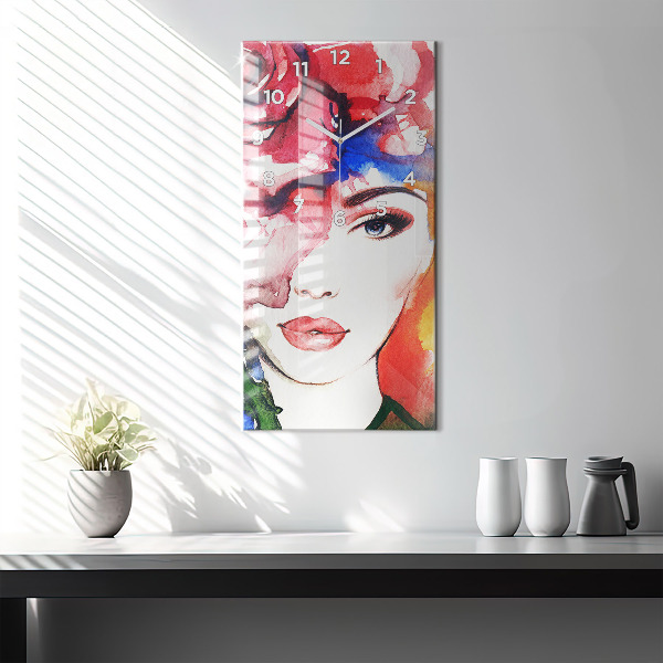 Modern vertical wall clock Colorful portrait of a woman