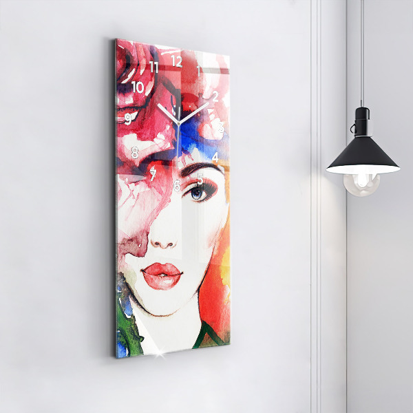 Modern vertical wall clock Colorful portrait of a woman