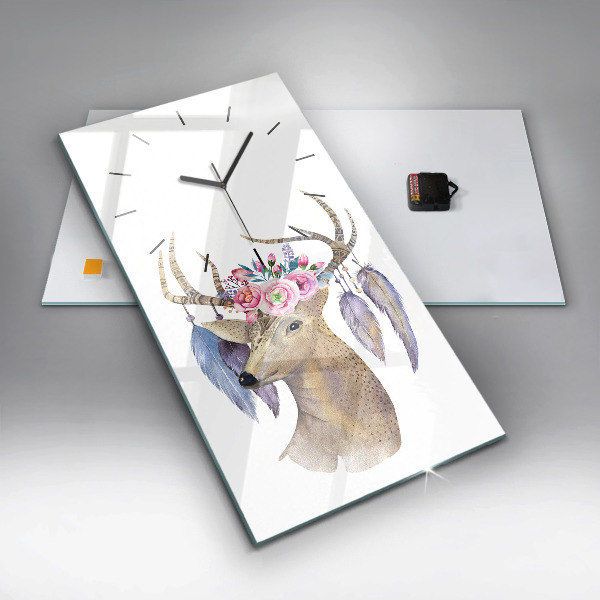 Modern vertical wall clock Deer head and flowers