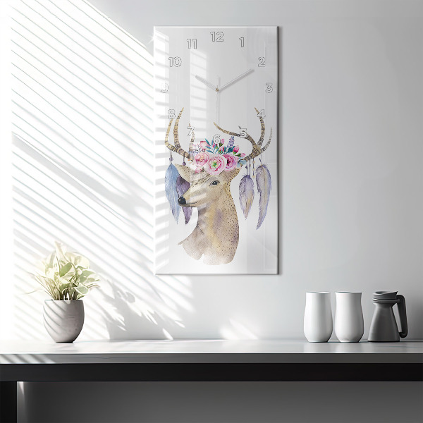 Modern vertical wall clock Deer head and flowers