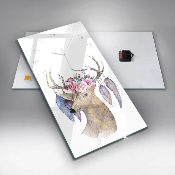 Modern vertical wall clock Deer head and flowers