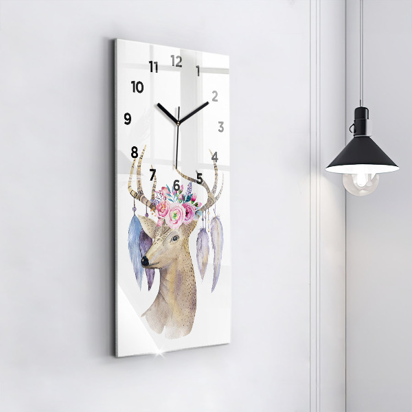 Modern vertical wall clock Deer head and flowers