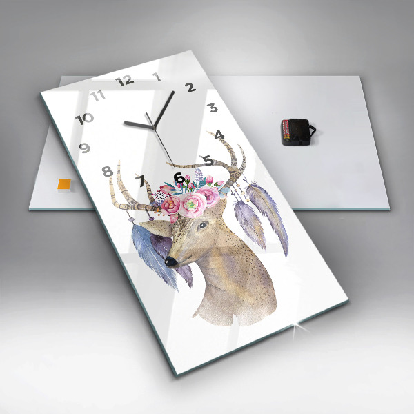 Modern vertical wall clock Deer head and flowers