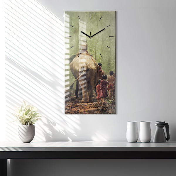 Modern vertical wall clock Children leading an elephant