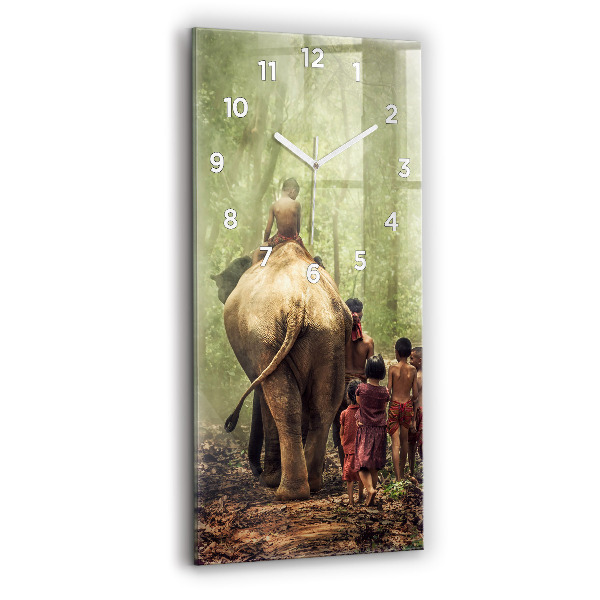 Modern vertical wall clock Children leading an elephant