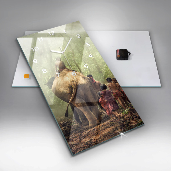 Modern vertical wall clock Children leading an elephant