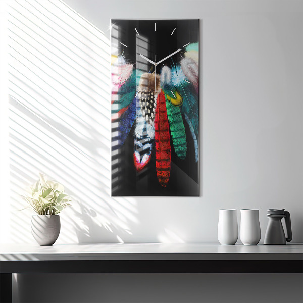 Modern vertical wall clock Colorful bird feathers