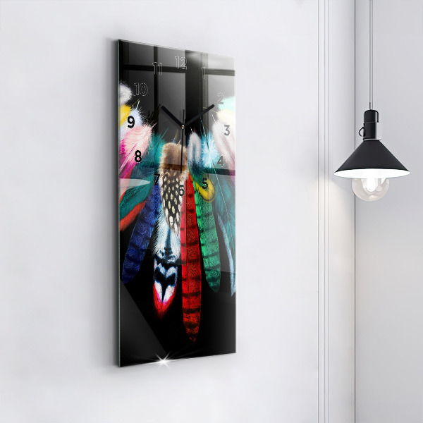 Modern vertical wall clock Colorful bird feathers