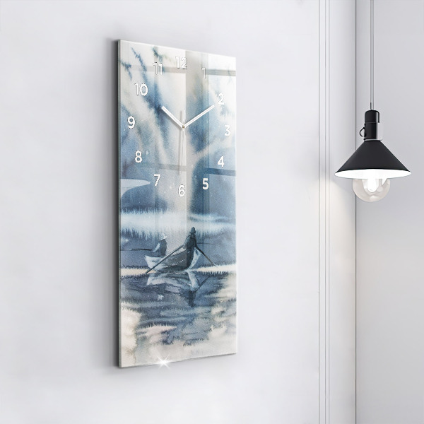 Modern vertical wall clock Fisherman on the lake