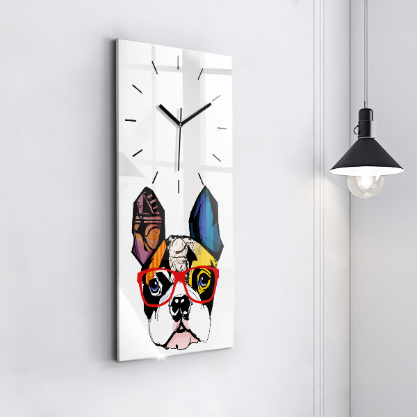 Modern vertical wall clock French bulldog with glasses