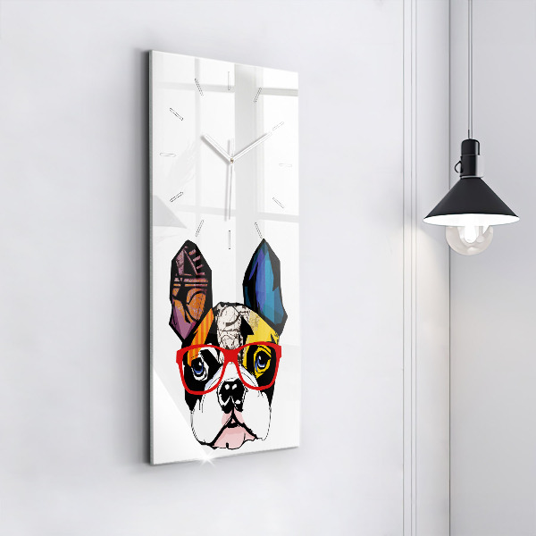 Modern vertical wall clock French bulldog with glasses