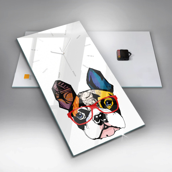Modern vertical wall clock French bulldog with glasses