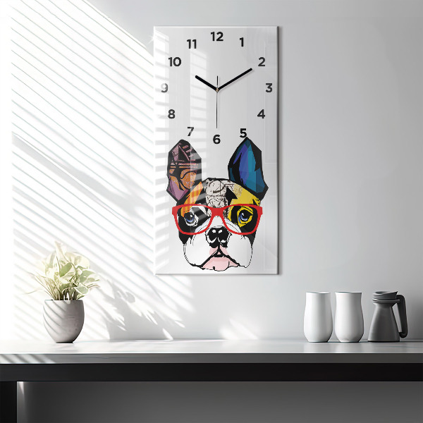 Modern vertical wall clock French bulldog with glasses