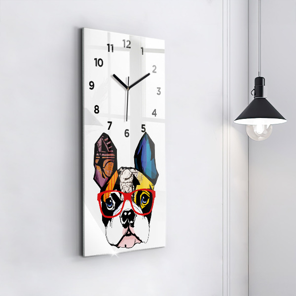 Modern vertical wall clock French bulldog with glasses