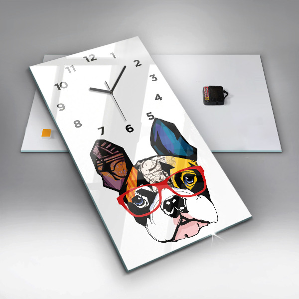 Modern vertical wall clock French bulldog with glasses