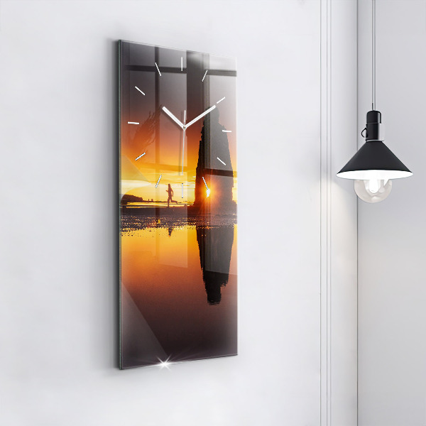 Modern vertical wall clock Runner and sunset