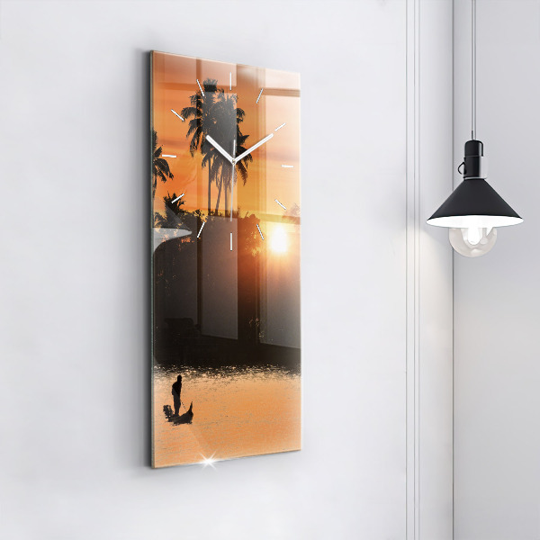 Modern vertical wall clock Sunset and palm trees