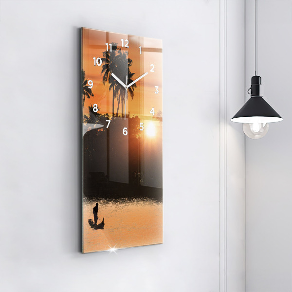 Modern vertical wall clock Sunset and palm trees