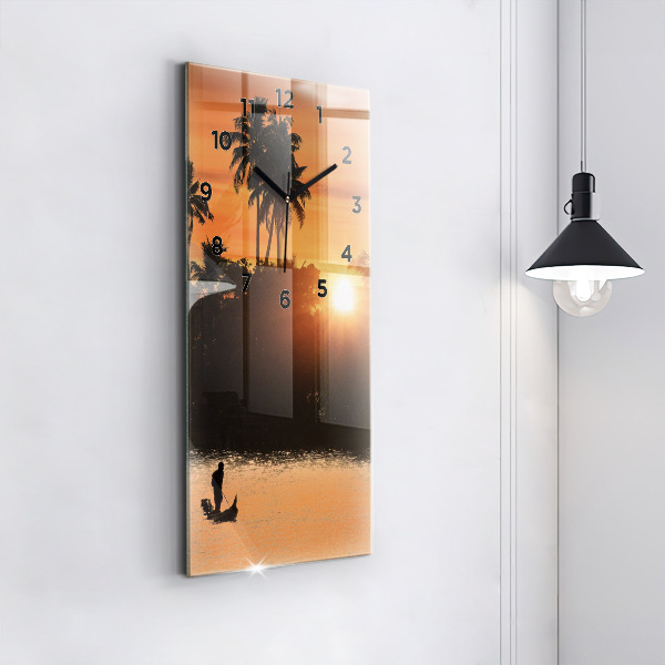 Modern vertical wall clock Sunset and palm trees