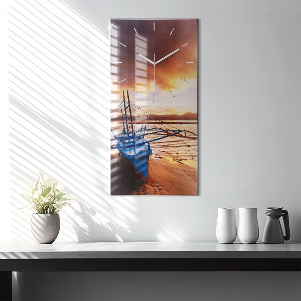Modern vertical wall clock Boat and sunset