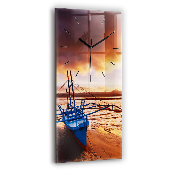 Modern vertical wall clock Boat and sunset