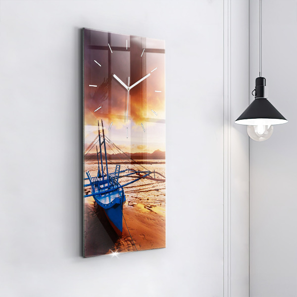 Modern vertical wall clock Boat and sunset