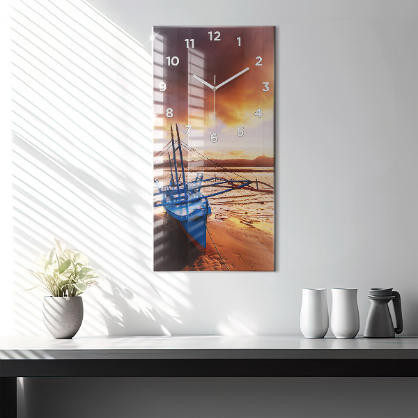 Modern vertical wall clock Boat and sunset