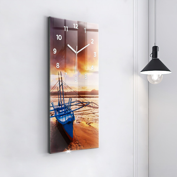 Modern vertical wall clock Boat and sunset