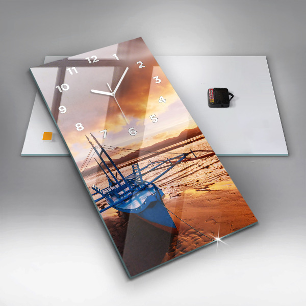 Modern vertical wall clock Boat and sunset