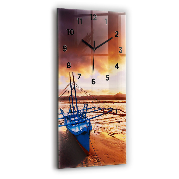 Modern vertical wall clock Boat and sunset