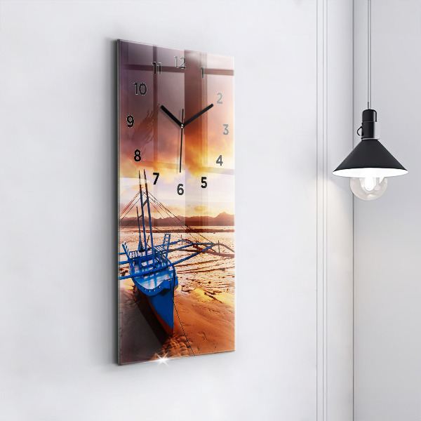 Modern vertical wall clock Boat and sunset