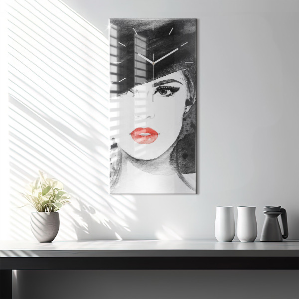 Modern vertical wall clock Woman in a hat