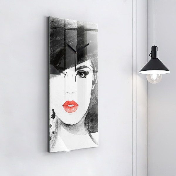 Modern vertical wall clock Woman in a hat