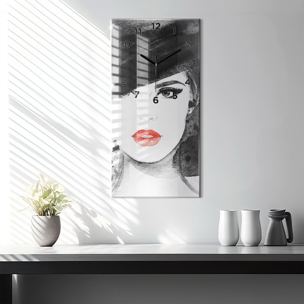 Modern vertical wall clock Woman in a hat