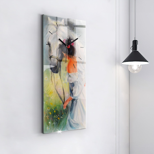 Modern vertical wall clock Beautiful woman with a horse